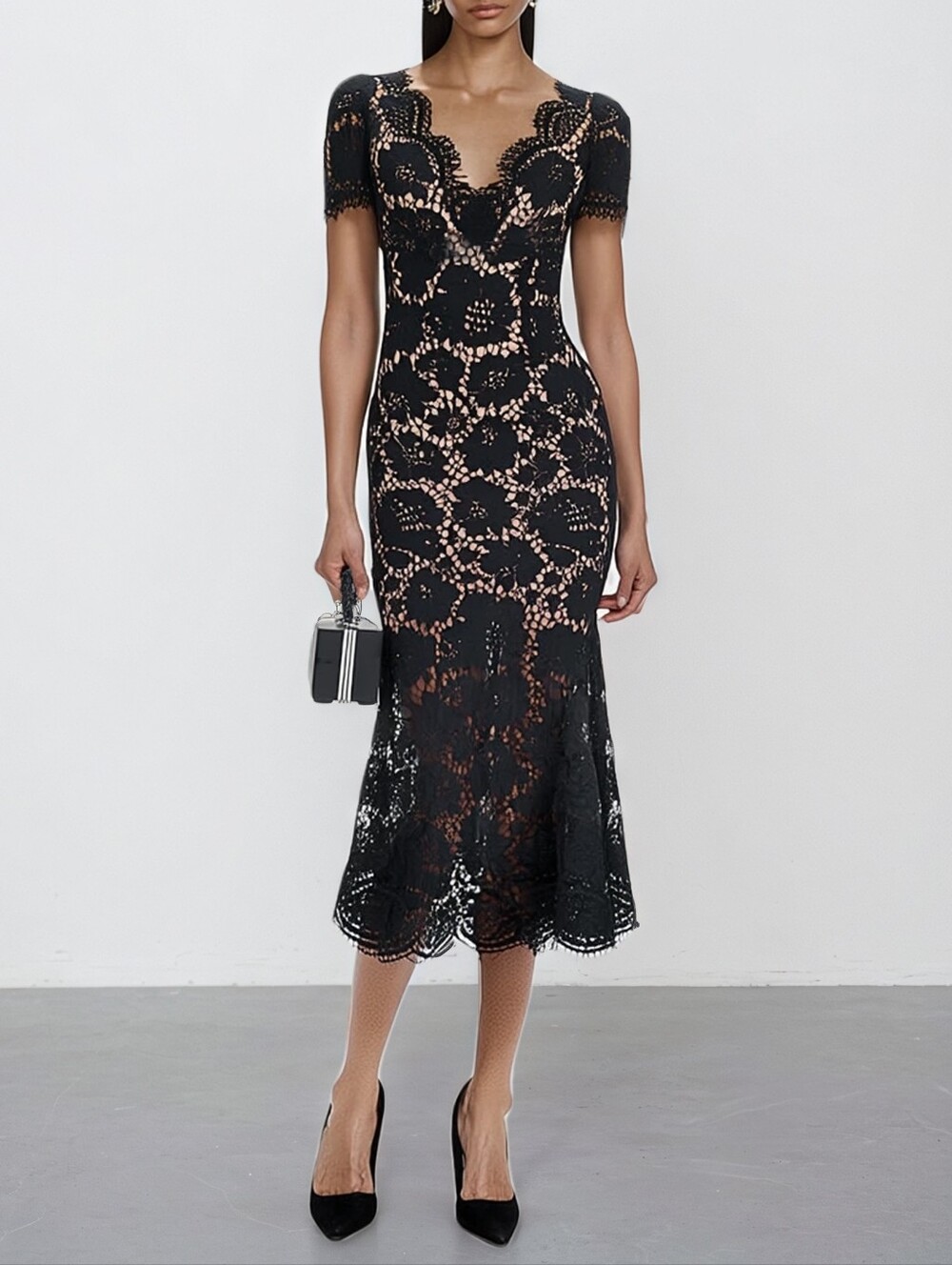 Fehaute Black Lace Overlay Mermaid Dress
